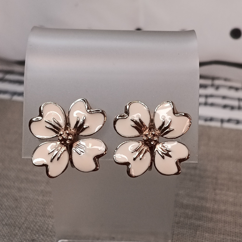 Craft Enamel Dogwood Flower Clip Earrings Vintage